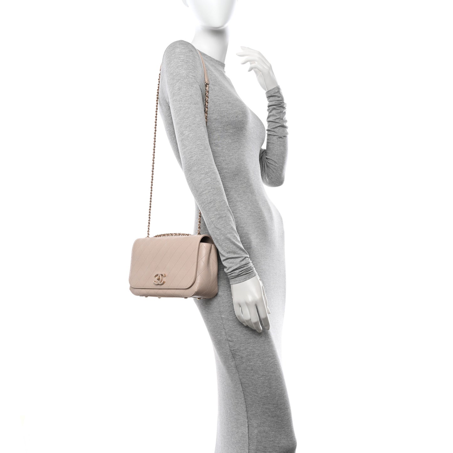 Calfskin Stitched Medium Covered CC Flap Bag Beige