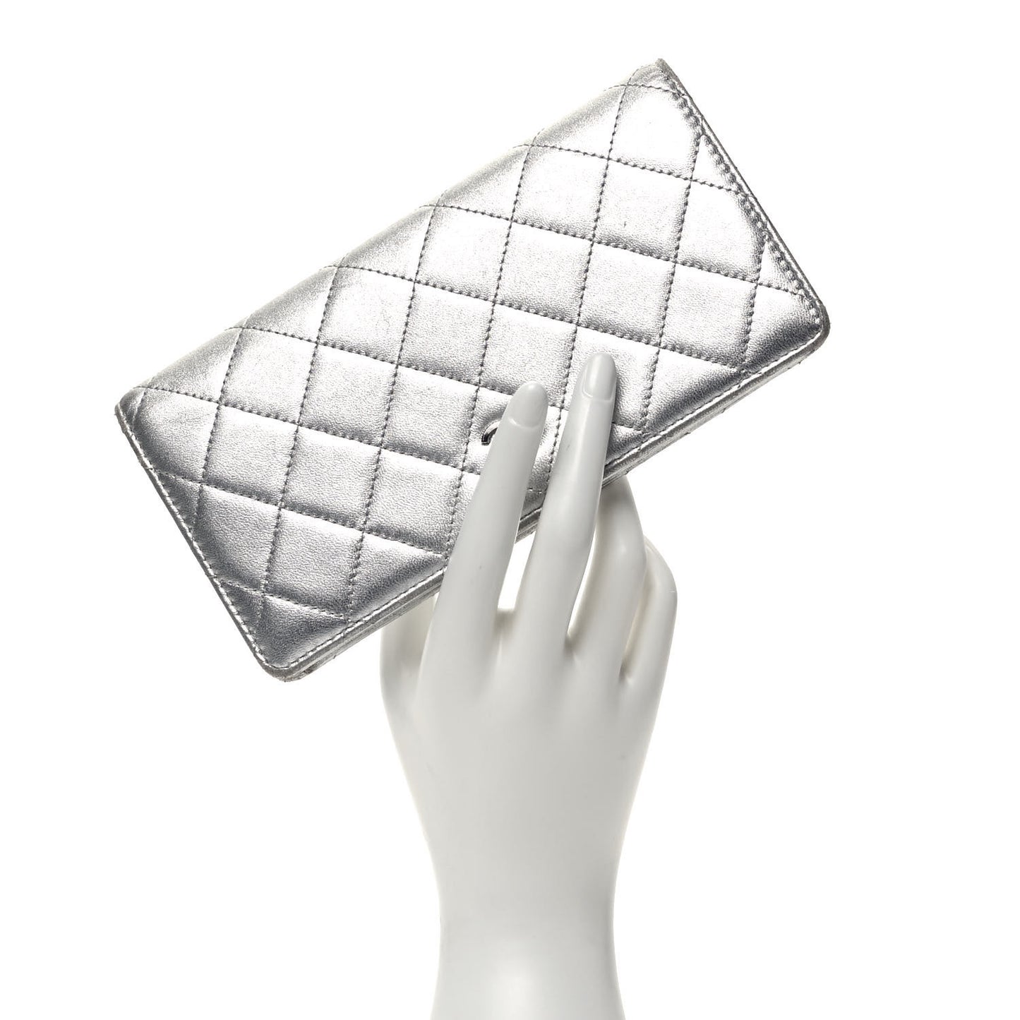 Metallic Calfskin Quilted Yen Wallet Dark Silver