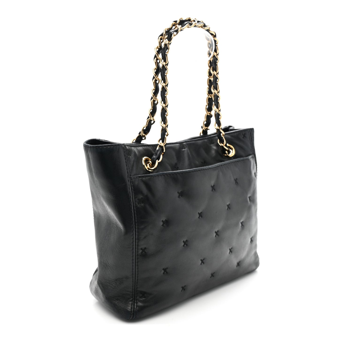 Lambskin Cross Stitch Shopper Tote Black