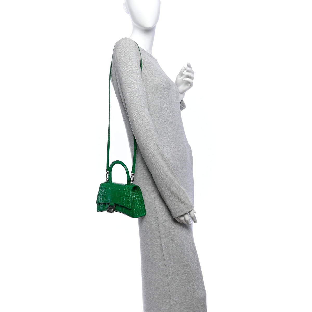 Balenciaga Shiny Calfskin Crocodile Embossed Hourglass Top Handle Bag XS Jade 2 of 11