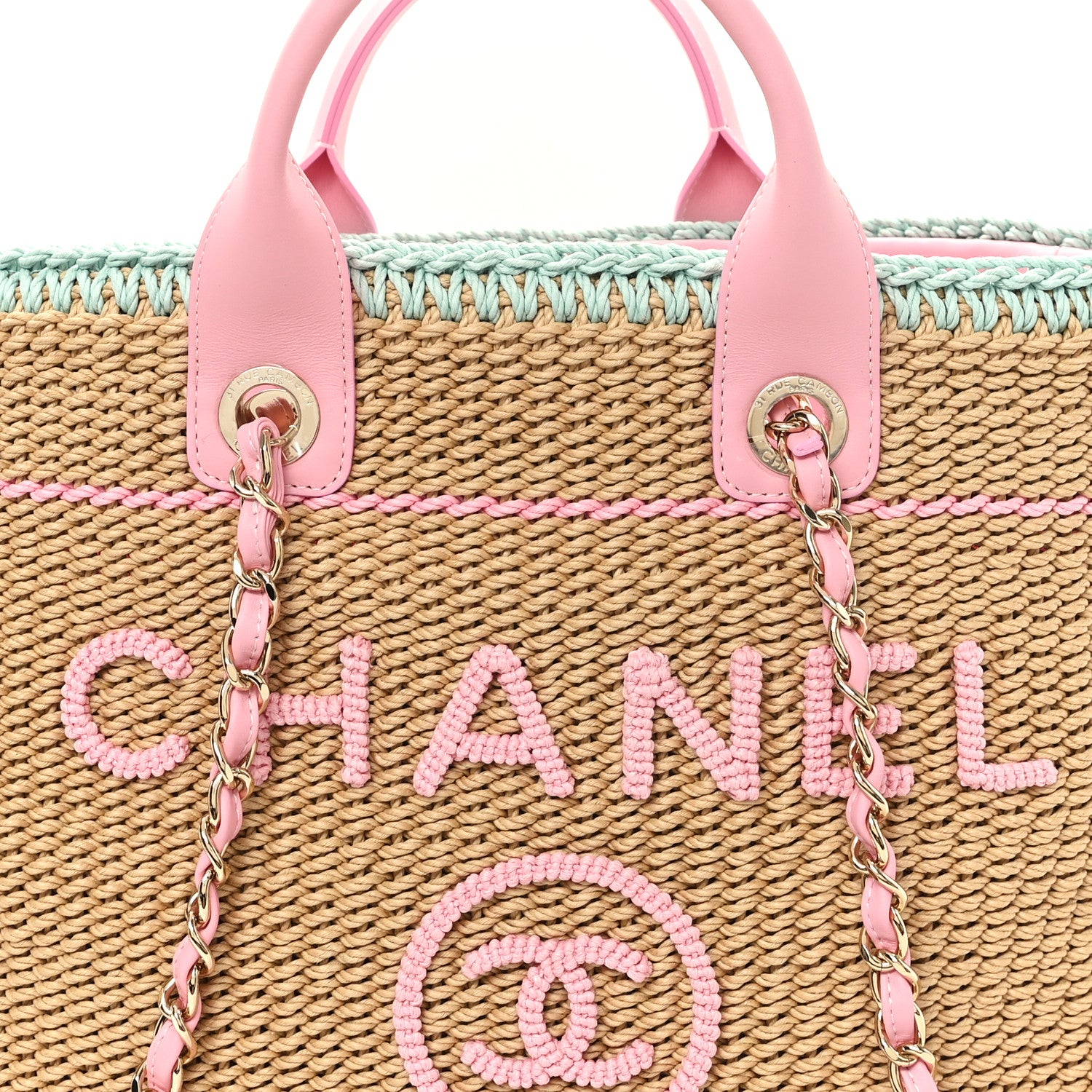 Chanel Raffia Crochet Medium Deauville Tote Beige Light Pink Green
