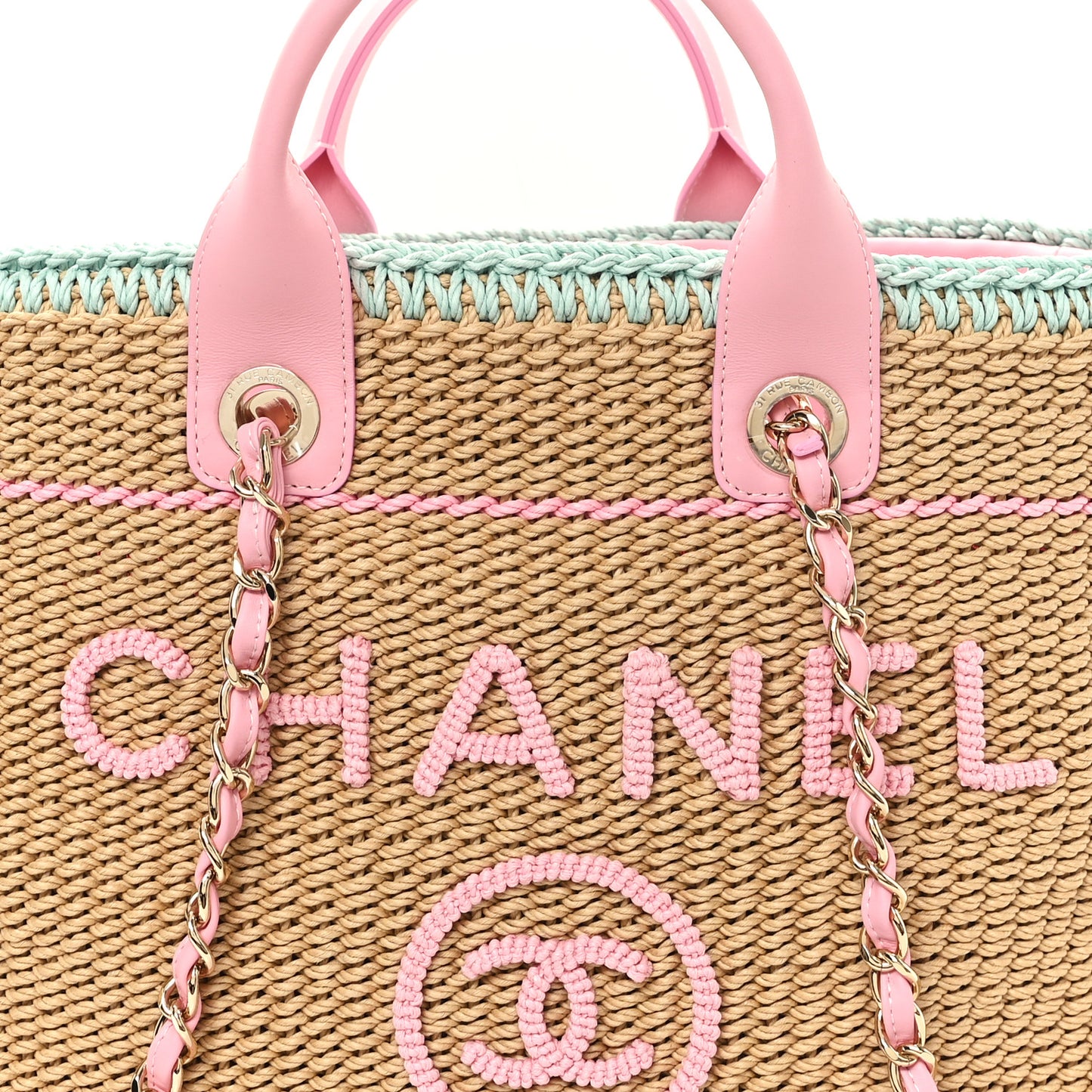 Raffia Crochet Medium Deauville Tote Beige Light Pink Green