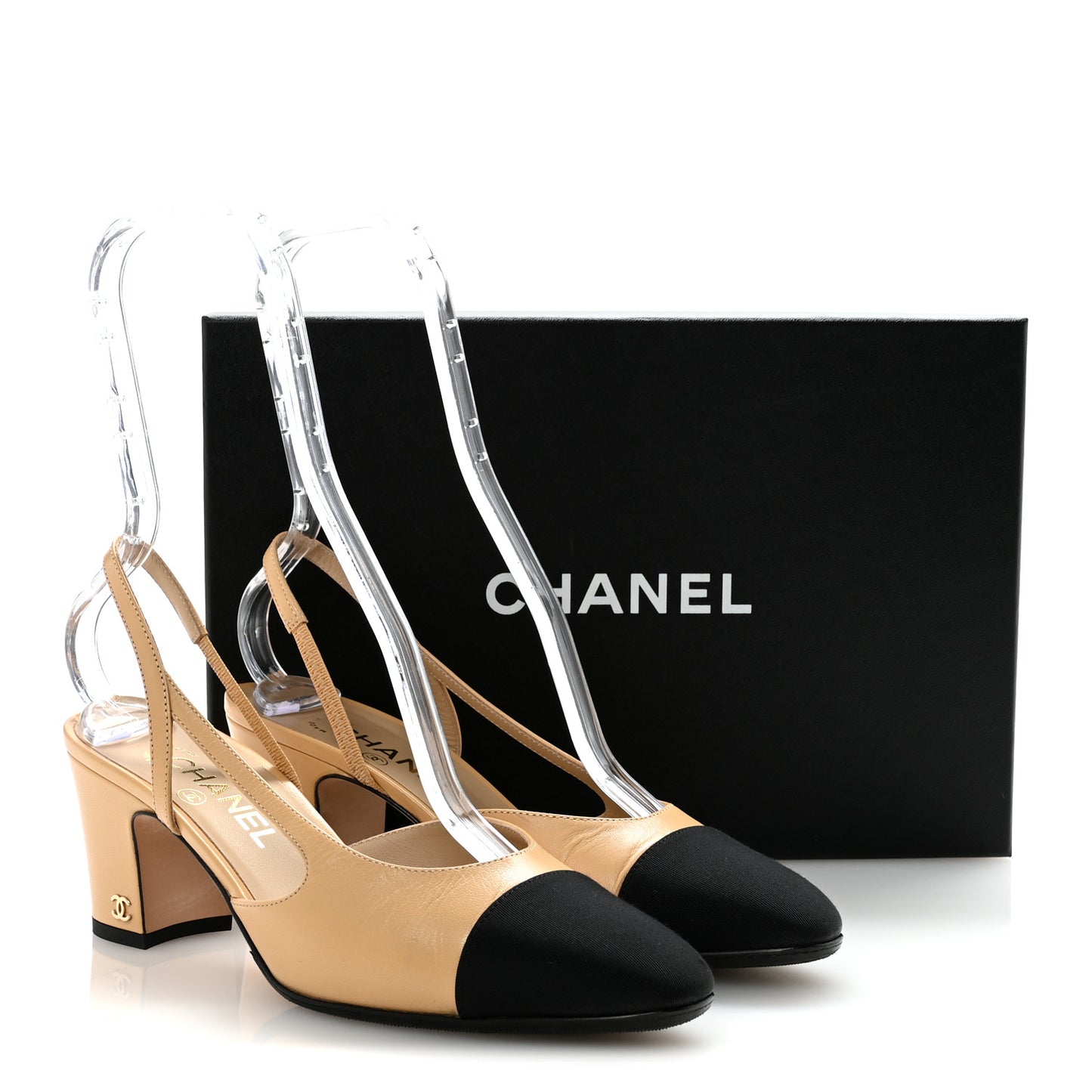 Goatskin Grosgrain Cap Toe CC Slingback Pumps 39 Beige Black