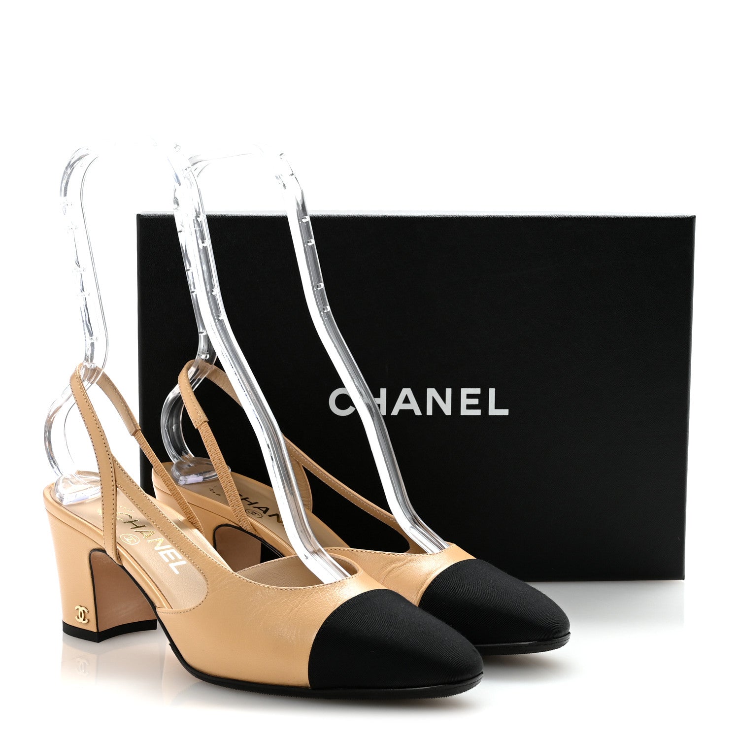 Chanel Goatskin Grosgrain Cap Toe CC Slingback Pumps 39 Beige Black 10 of 10
