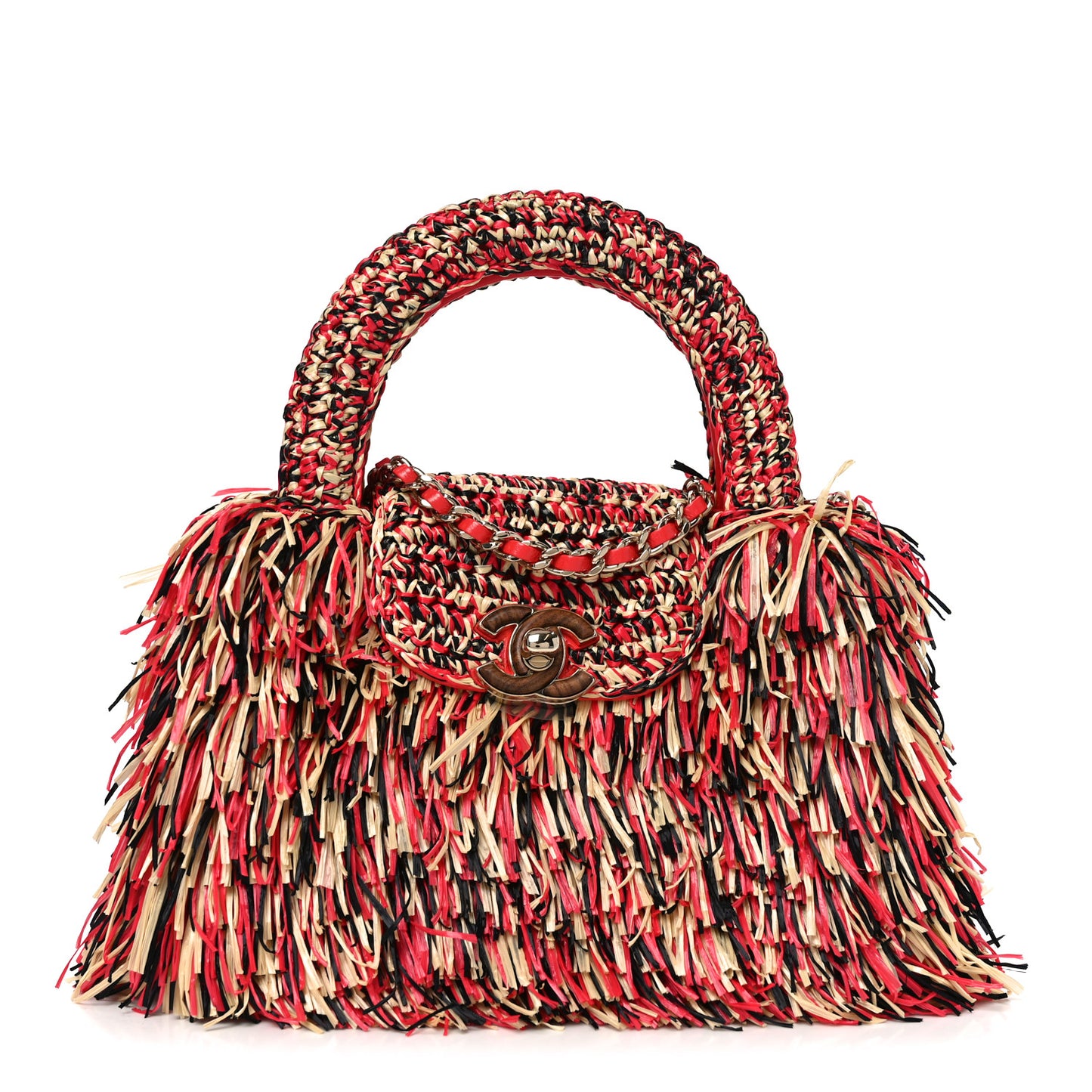 Raffia Fringe Nano Kelly Shopper Red Beige Black