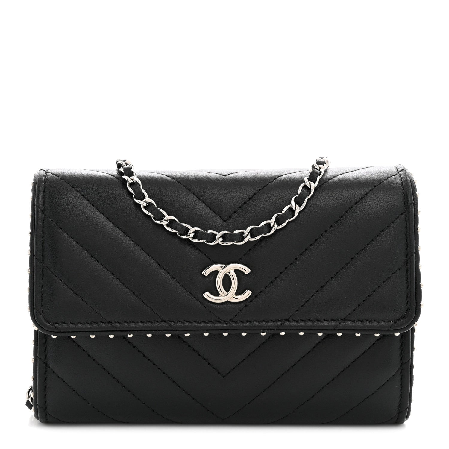 Chanel Lambskin Chevron Quilted Studded Wallet On Chain WOC Black 1 of 10