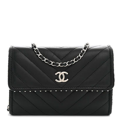 Chanel Lambskin Chevron Quilted Studded Wallet On Chain WOC Black 1 of 10