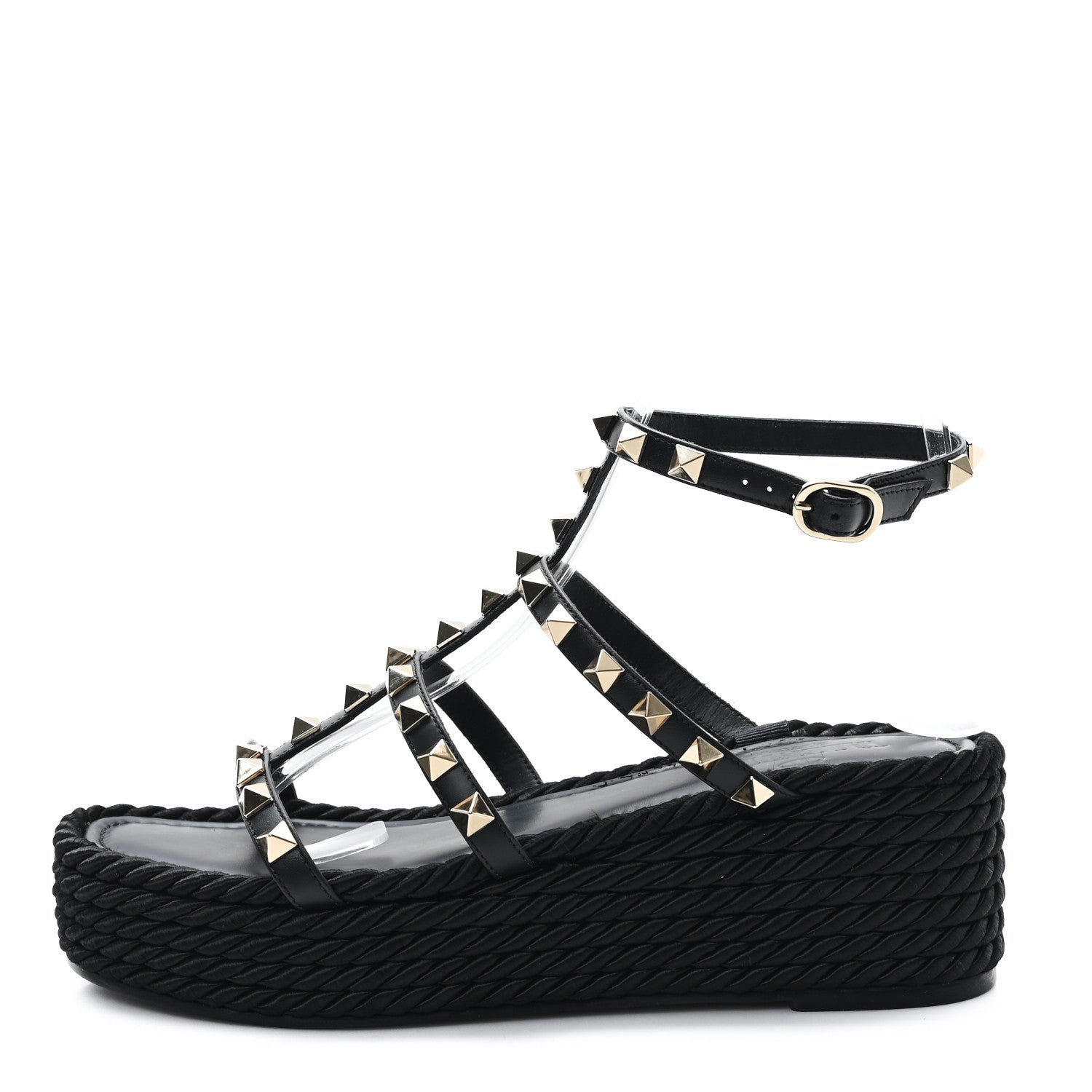Valentino Garavani Calfskin Bedrock Rockstud Ankle Flat Sandals 36 Black 1 of 9