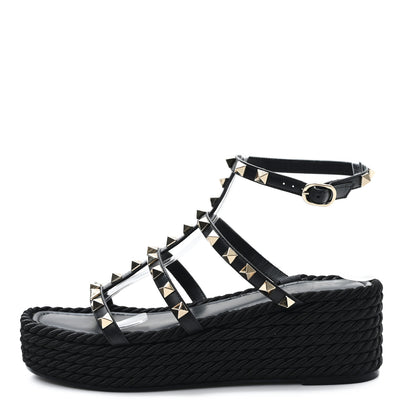 Valentino Garavani Calfskin Bedrock Rockstud Ankle Flat Sandals 36 Black 1 of 9