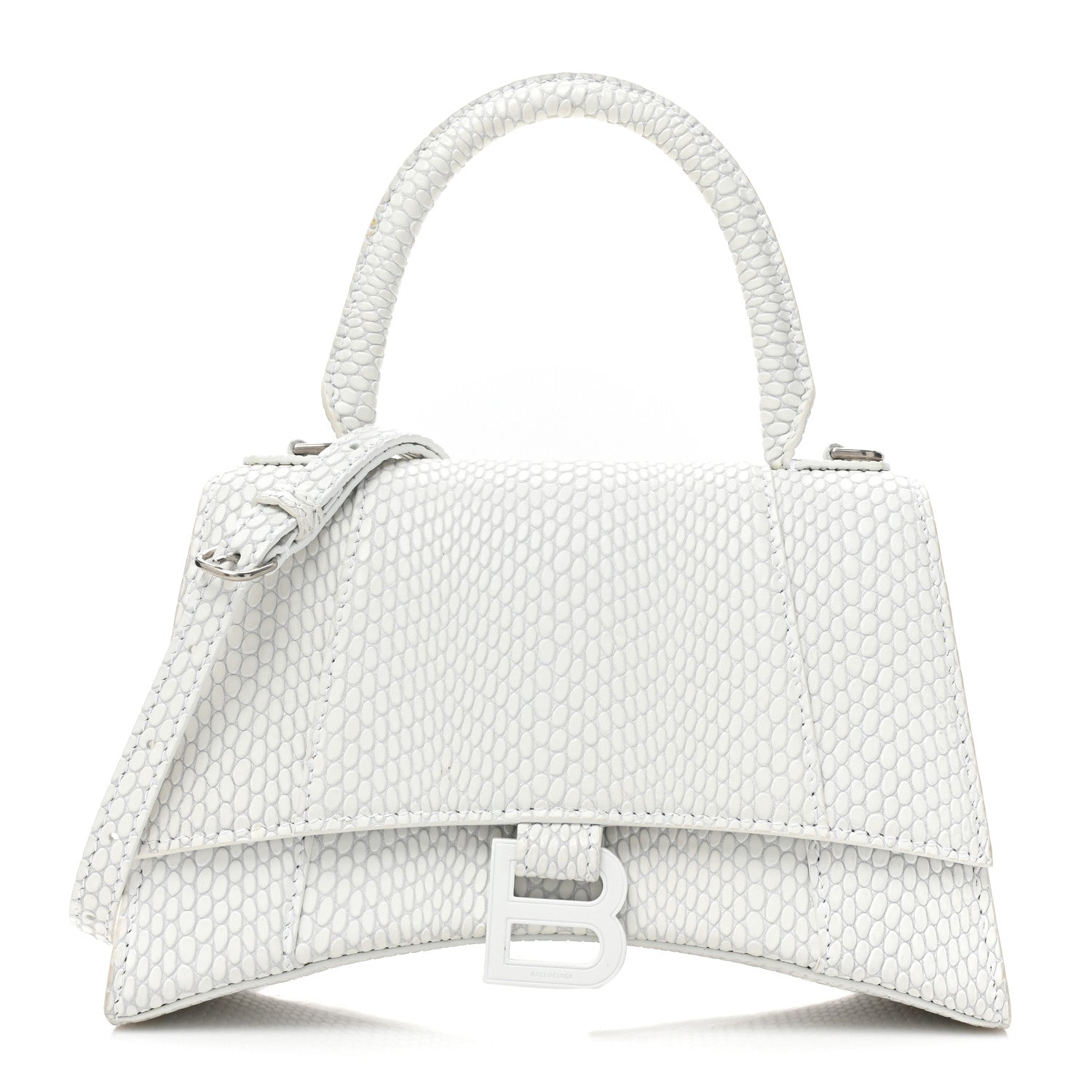 Balenciaga Matte Calfskin Snake Embossed Tonal B Small Hourglass Top Handle Bag Optic White 1 of 16
