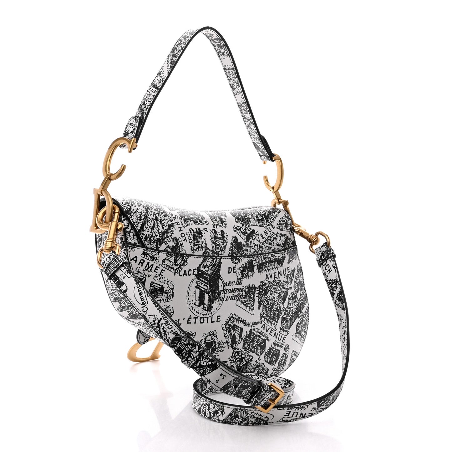 Calfskin Plan De Paris Printed Saddle Bag With Strap White Black