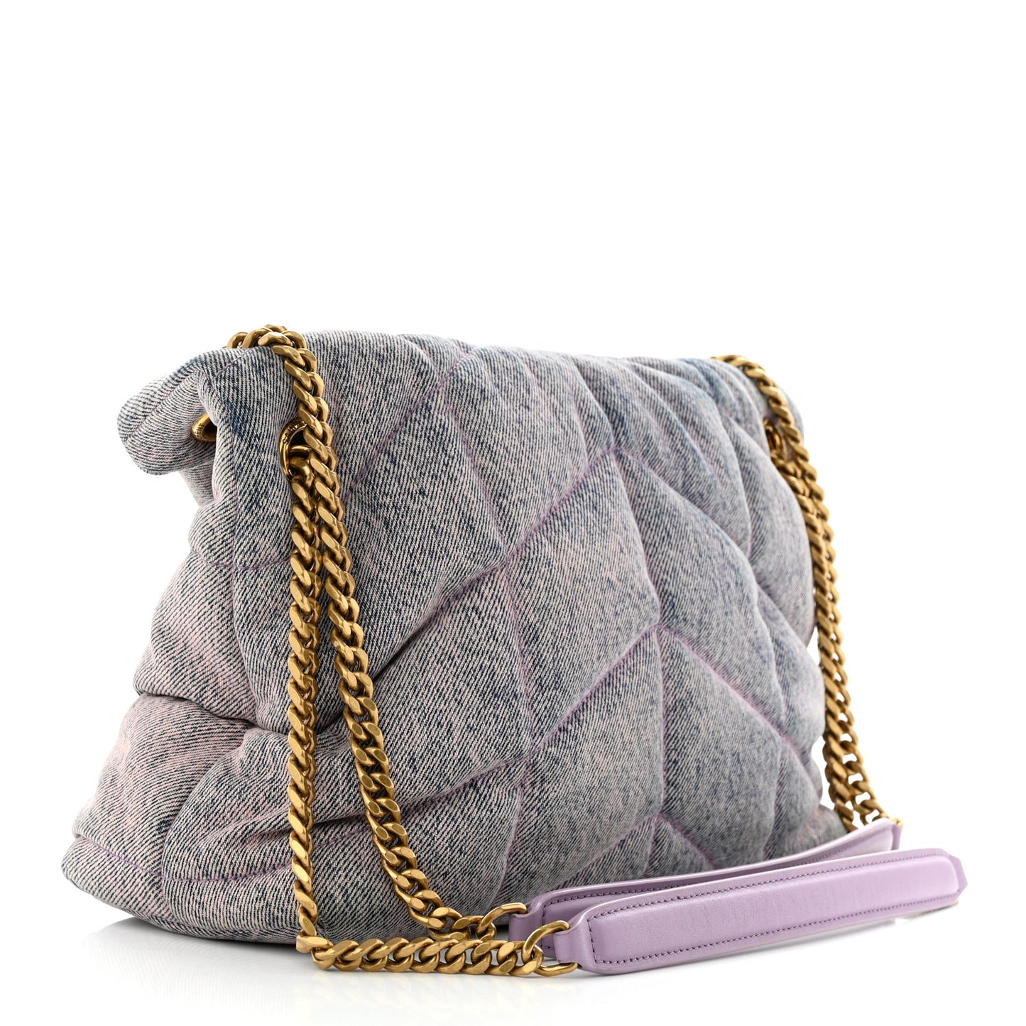 Denim Quilted Small Loulou Puffer Monogram Chain Satchel Bleached Lilac