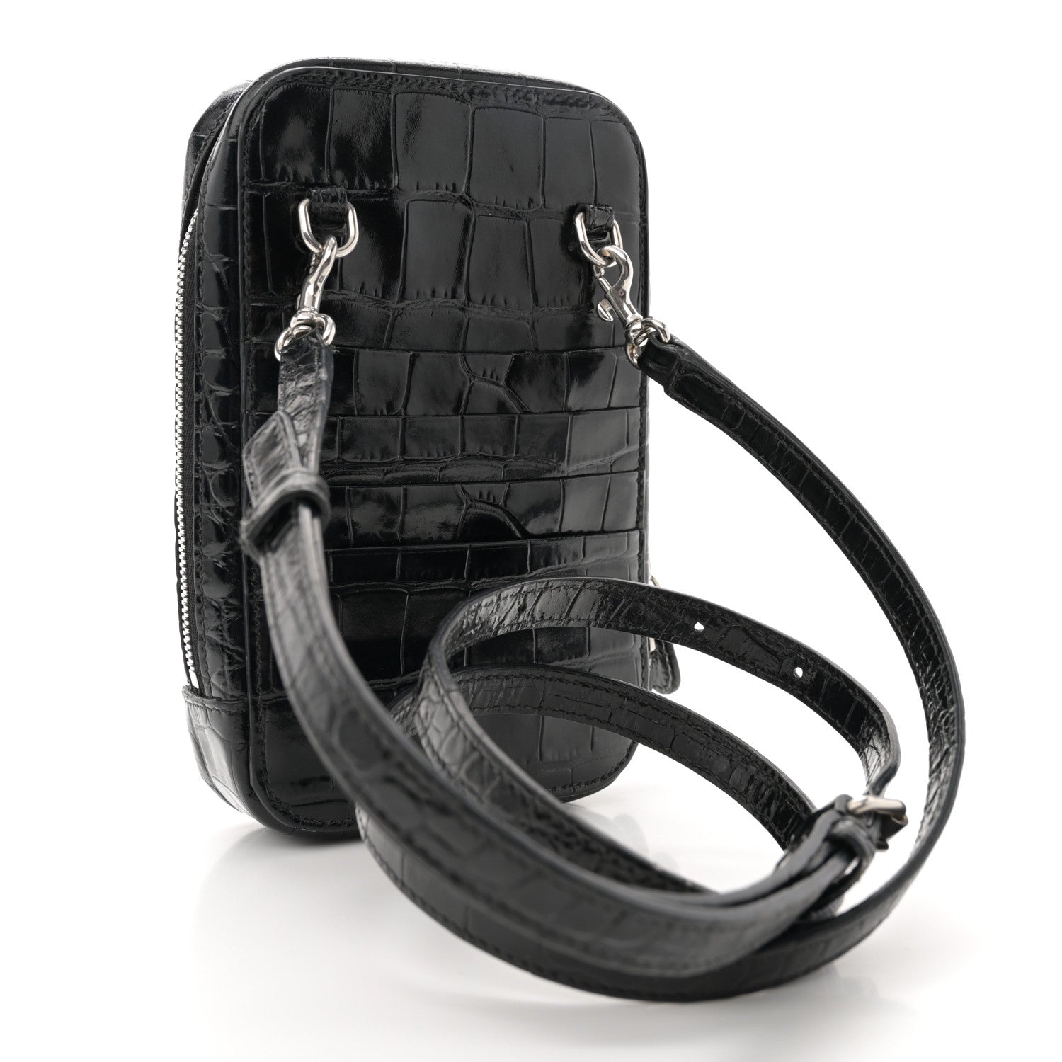 Balenciaga Shiny Calfskin Logo Crocodile Embossed Cash Phone Holder Bag Black White 3 of 14