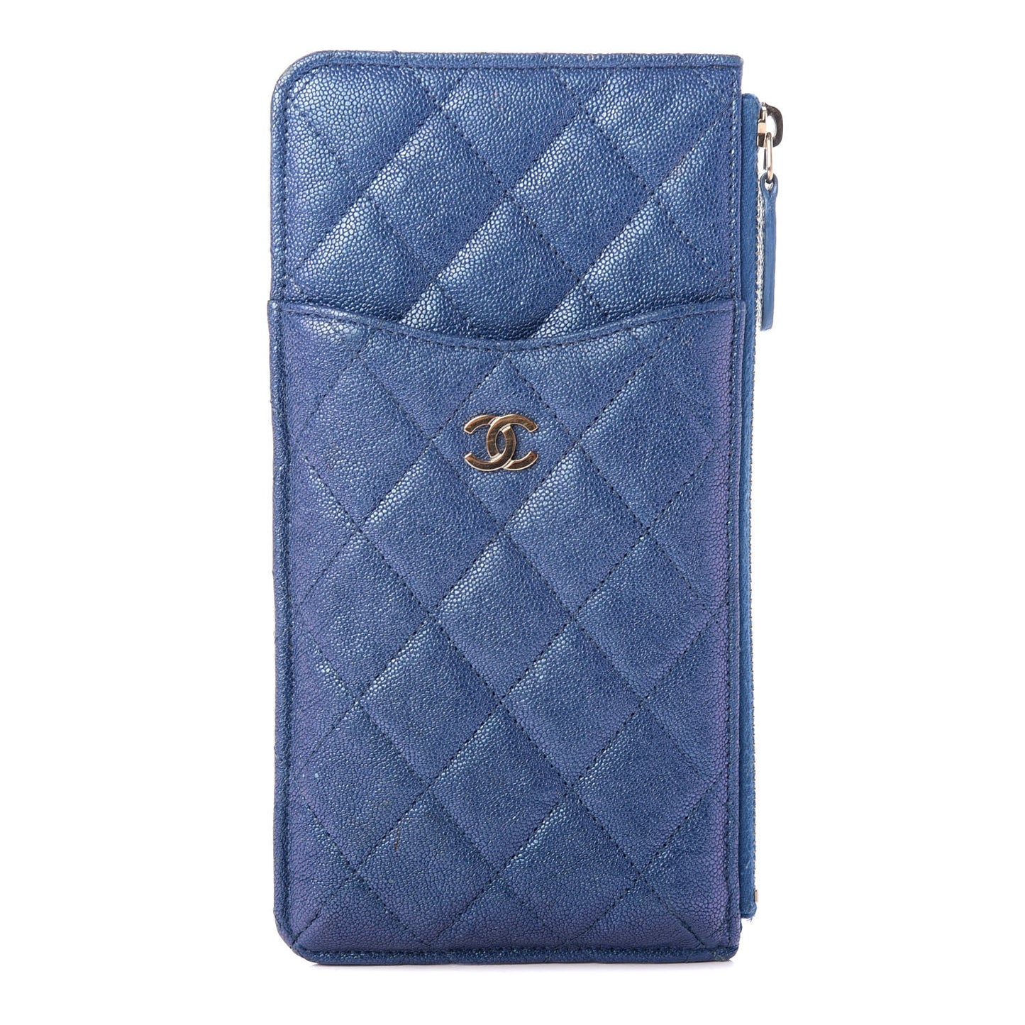 Iridescent Caviar Quilted Classic Flat Wallet Pouch Dark Blue
