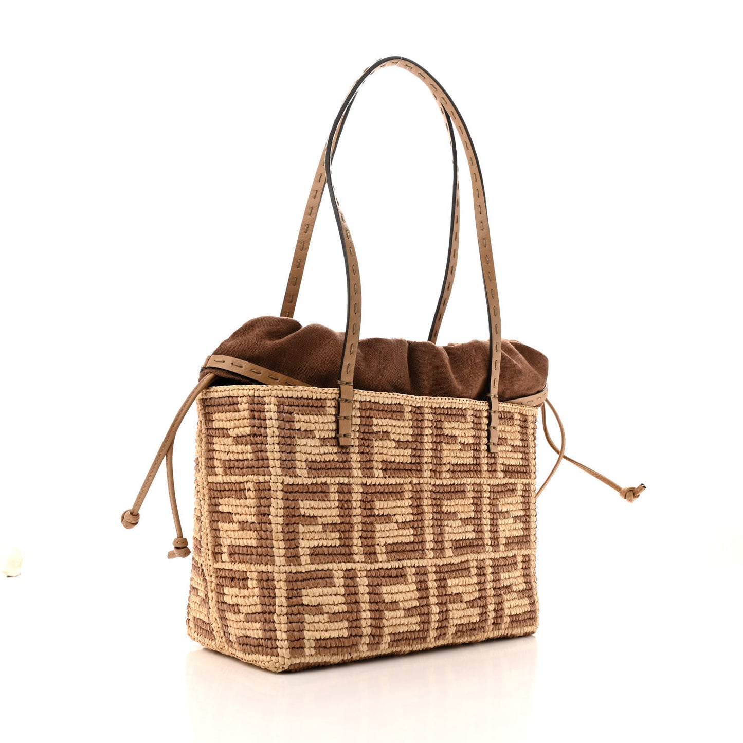 Raffia Cuoio Romano FF Crochet Small Roll Shopper Natural Dark Honey