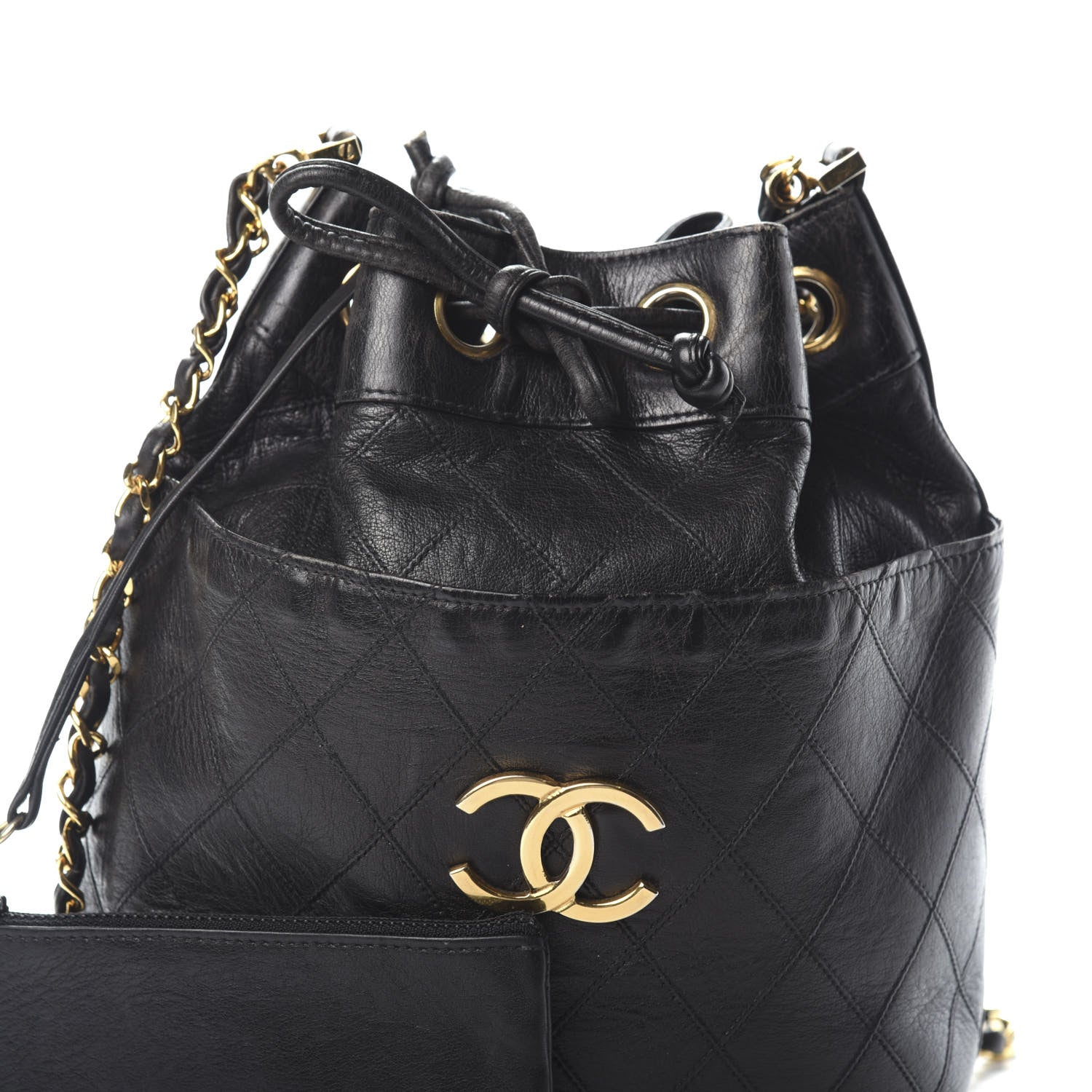 Chanel Lambskin Diamond Stitched CC Drawstring Shoulder Bag Black 8 of 10