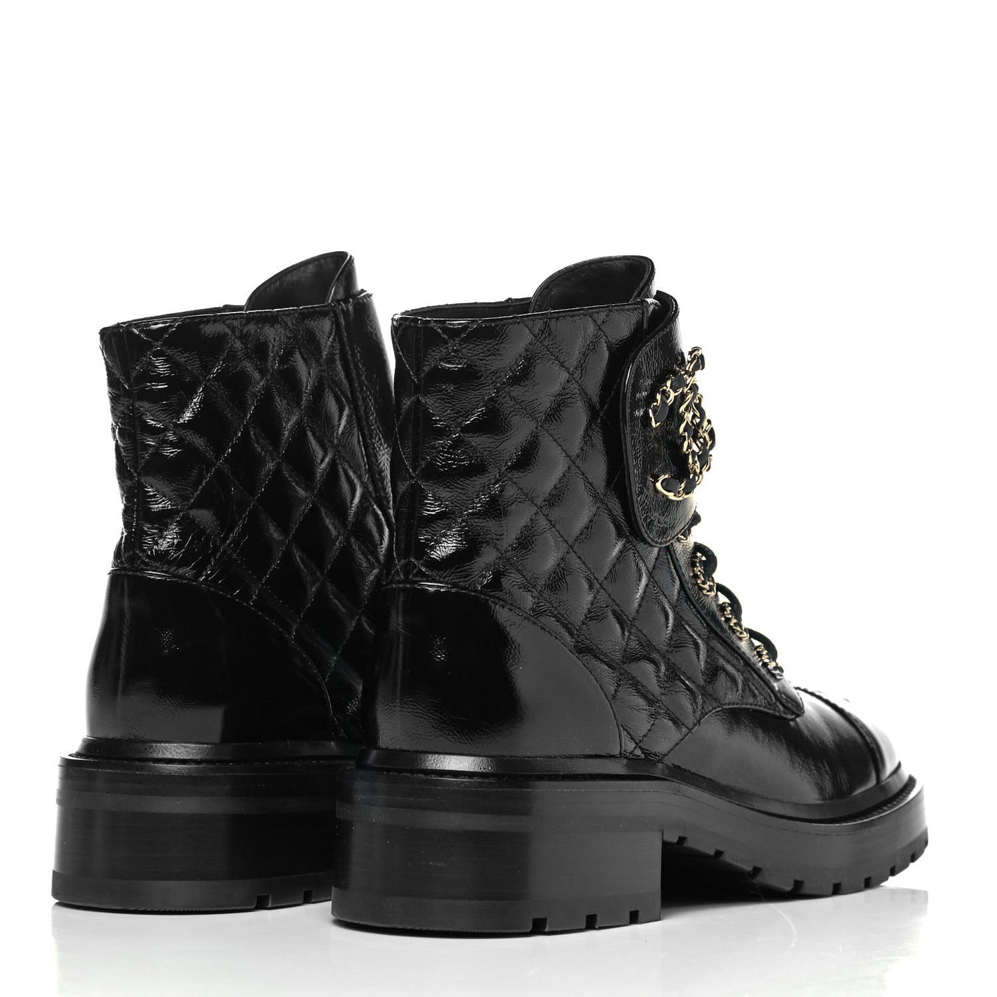 Shiny Calfskin Quilted Lace Up Combat Boots 36.5 Black