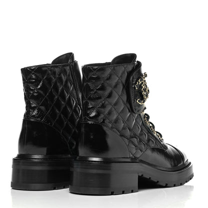 Chanel Shiny Calfskin Quilted Lace Up Combat Boots 36.5 Black 3 of 6
