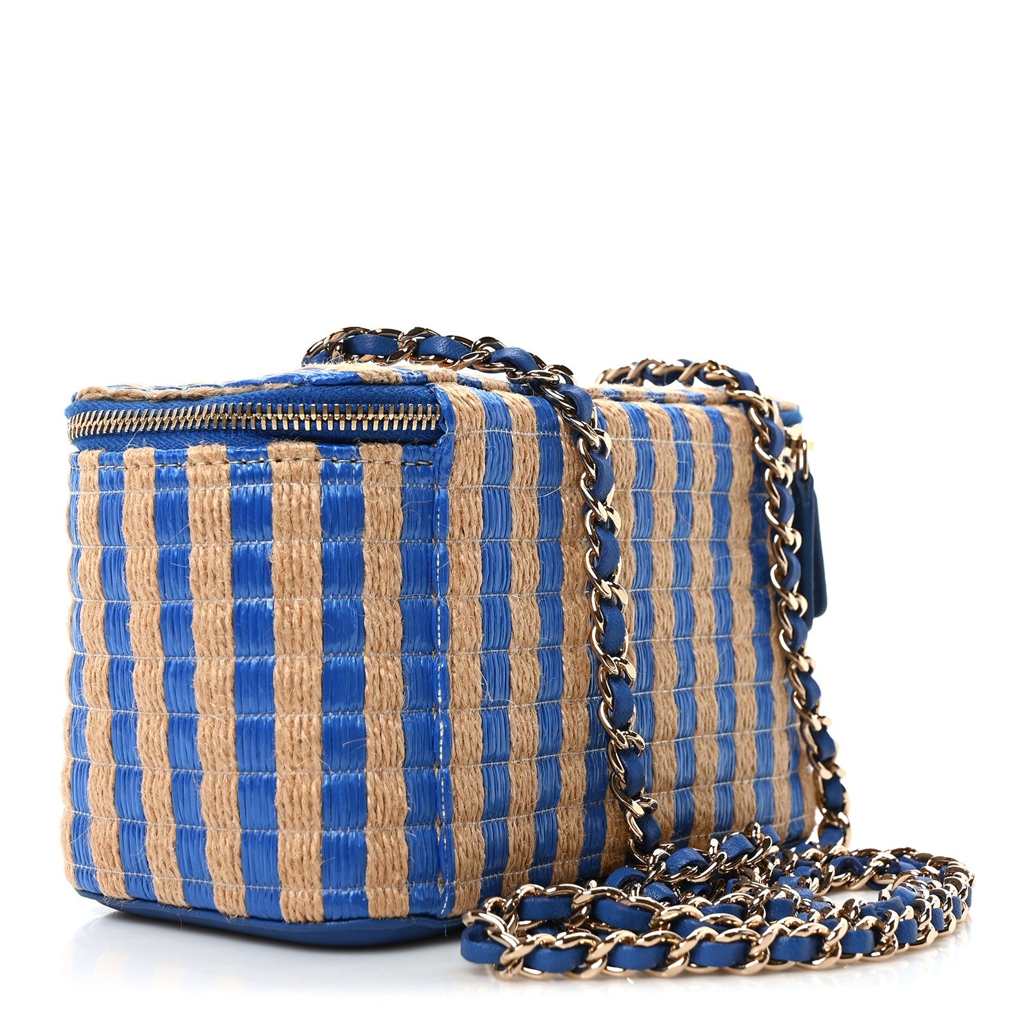 Chanel Raffia Jute Striped Small Vanity Case With Chain Blue Beige 3 of 10