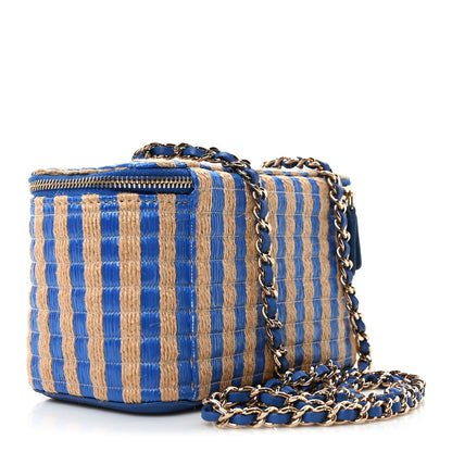 Chanel Raffia Jute Striped Small Vanity Case With Chain Blue Beige 3 of 10