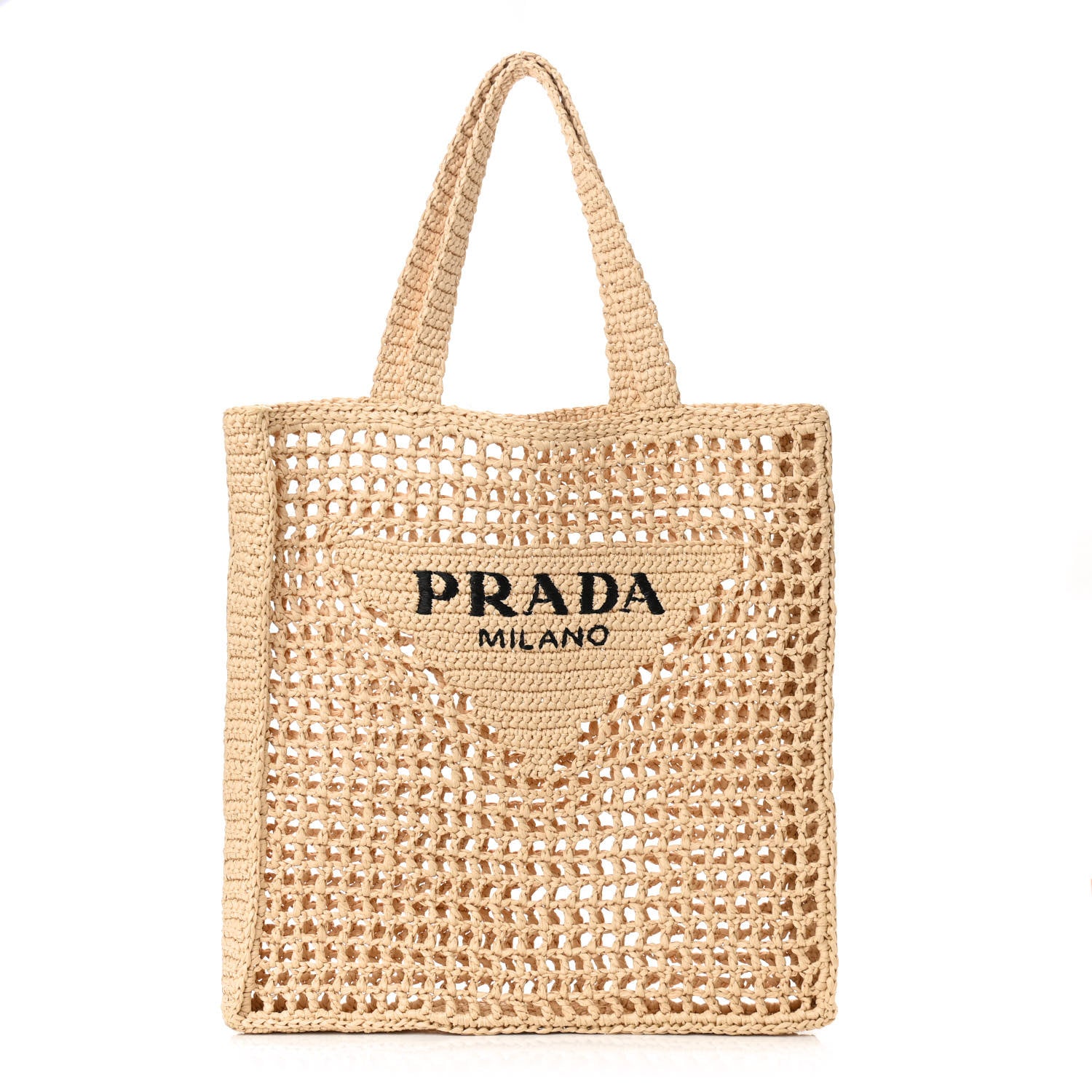 Prada Yarn Raffia Effect Crochet Logo Embroidered Tote Bag Naturale 1 of 10