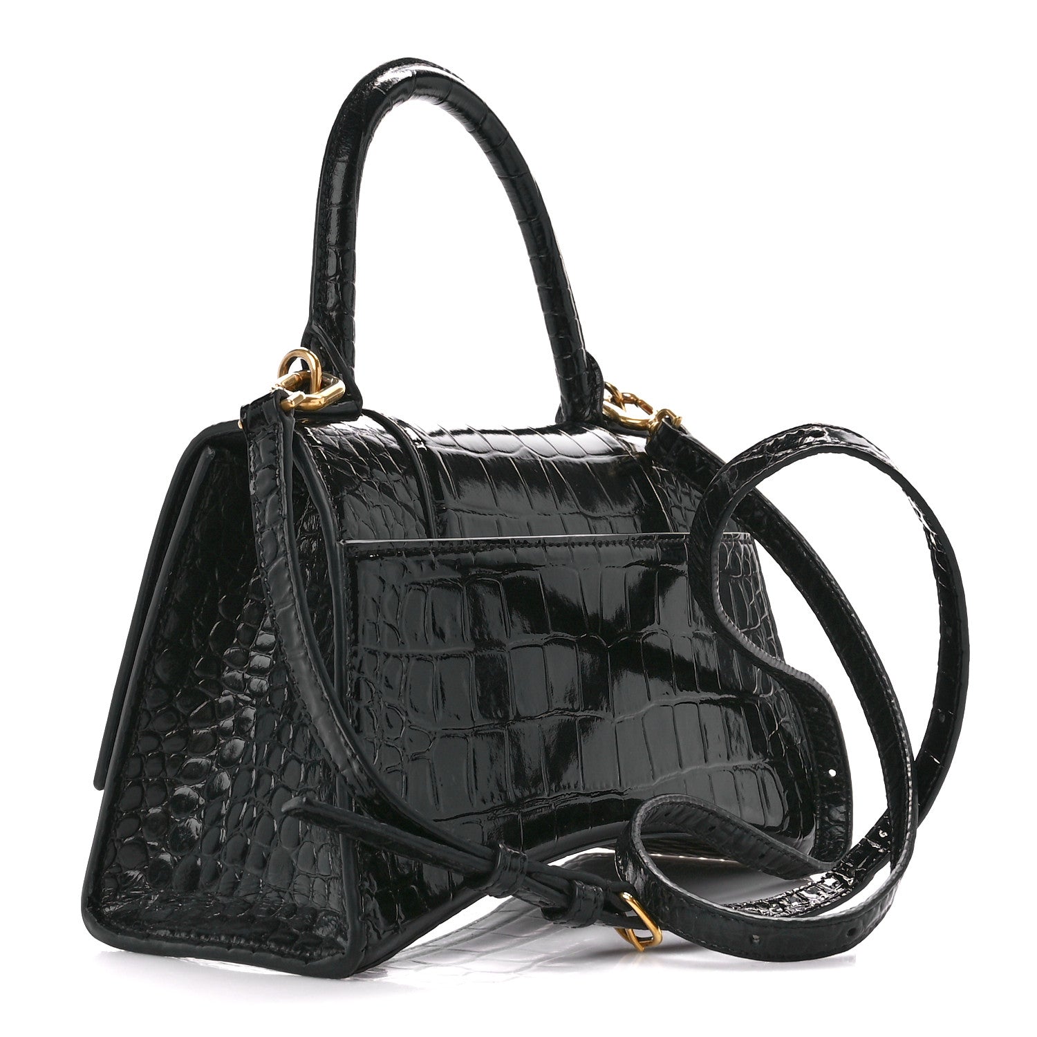 Balenciaga Shiny Calfskin Crocodile Embossed Small Hourglass Top Handle Bag Black 3 of 13