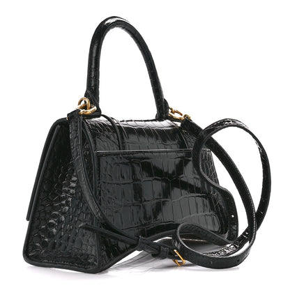 Balenciaga Shiny Calfskin Crocodile Embossed Small Hourglass Top Handle Bag Black 3 of 13