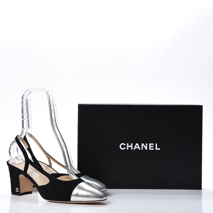 Chanel Kid Suede Metallic Lambskin Cap Toe CC Slingback Pumps 40.5 Black Silver 9 of 9