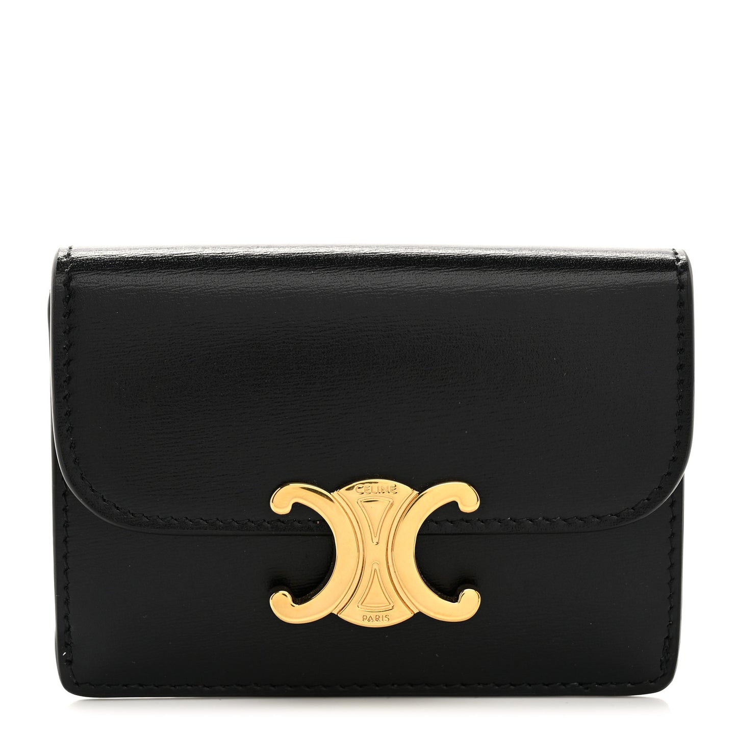 Shiny Calfskin Triomphe Flap Card Holder Black