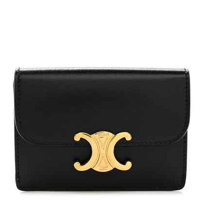 Celine Shiny Calfskin Triomphe Flap Card Holder Black 1 of 9
