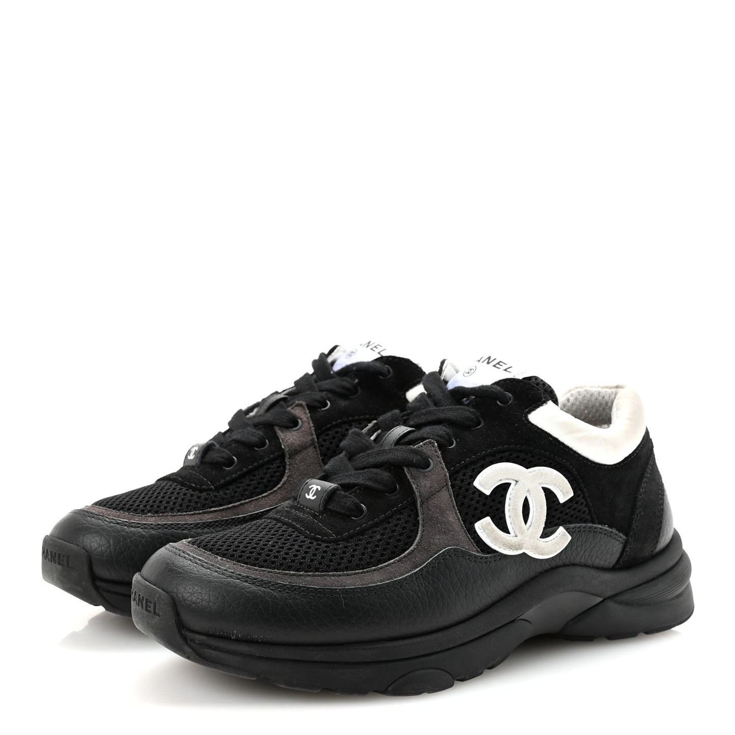 Mesh Suede Grained Calfskin Womens CC Sneakers 38 Black White 38 Black White