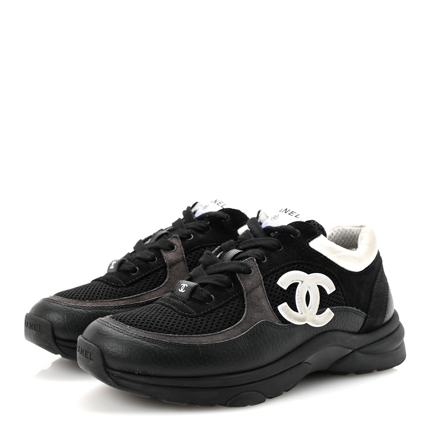 Chanel Mesh Suede Grained Calfskin Womens CC Sneakers 38 Black White 38 Black White 4 of 9