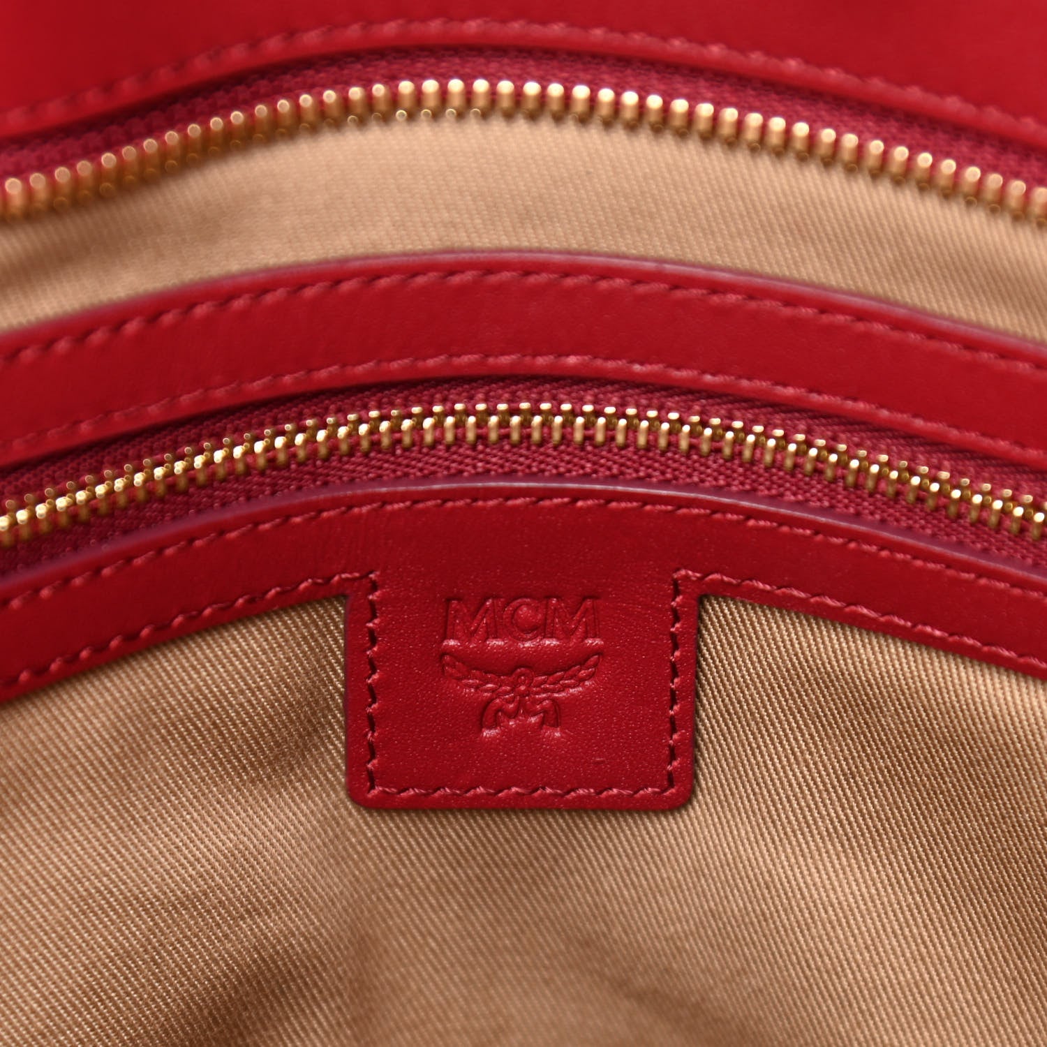 MCM Metallic Visetos Medium Anya Shopper Tote Champagne Gold Red 6 of 9