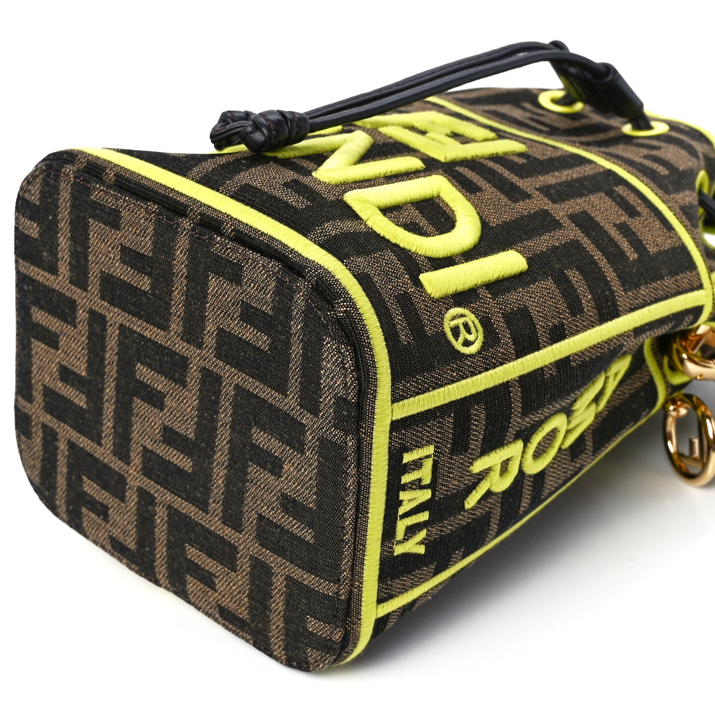 Fabric Jacquard Shiny Nappa FF 1974 Logo Threaded Edge Mini Mon Tresor Bucket Bag Tobacco Moro Giallo Fluo