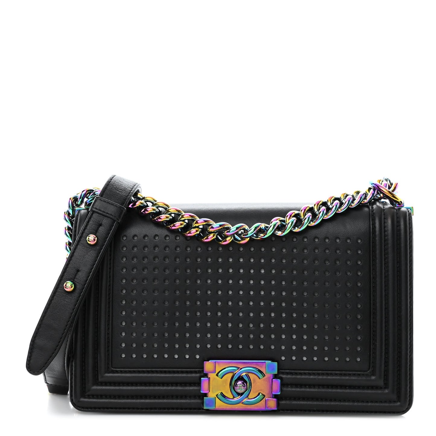 Lambskin LED Iridescent Metal Medium Boy Flap Black Multicolor