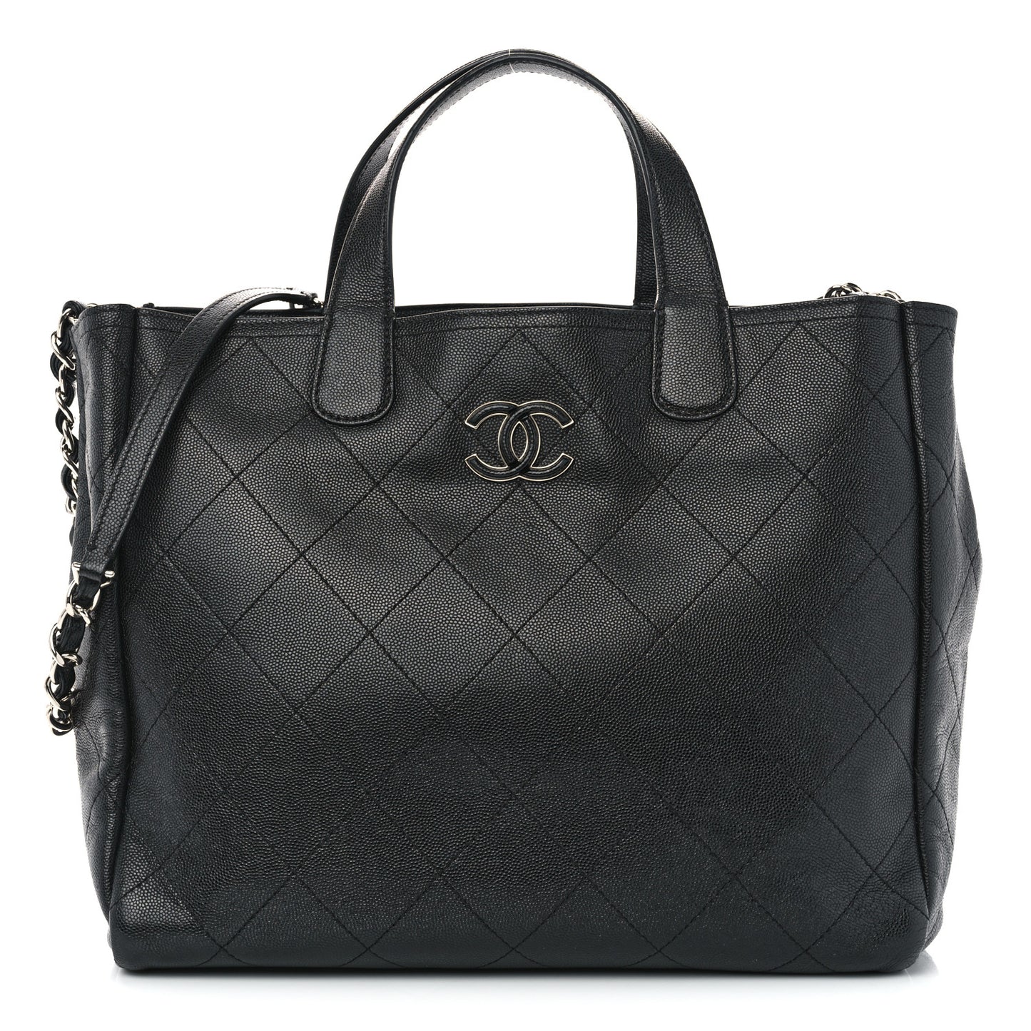 Caviar Stitched Medium Lady Coco Shopping Tote Black