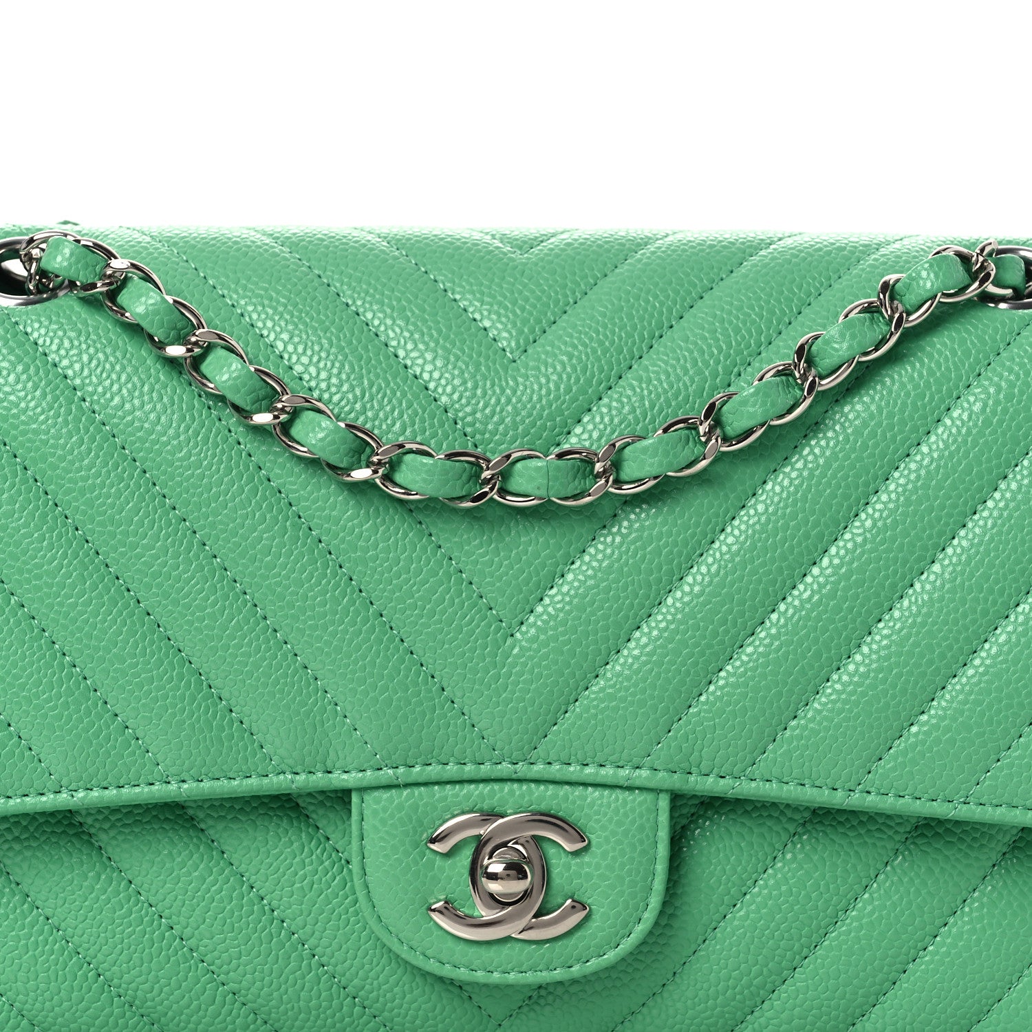 Chanel Caviar Chevron Quilted Medium Double Flap Green 8 of 11