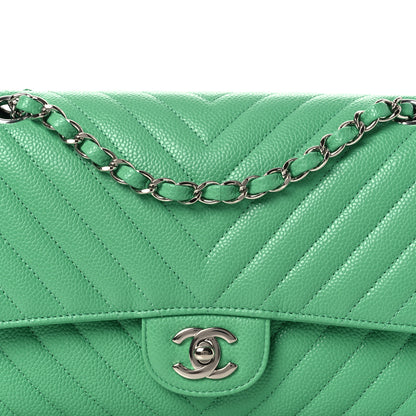 Chanel Caviar Chevron Quilted Medium Double Flap Green 8 of 11