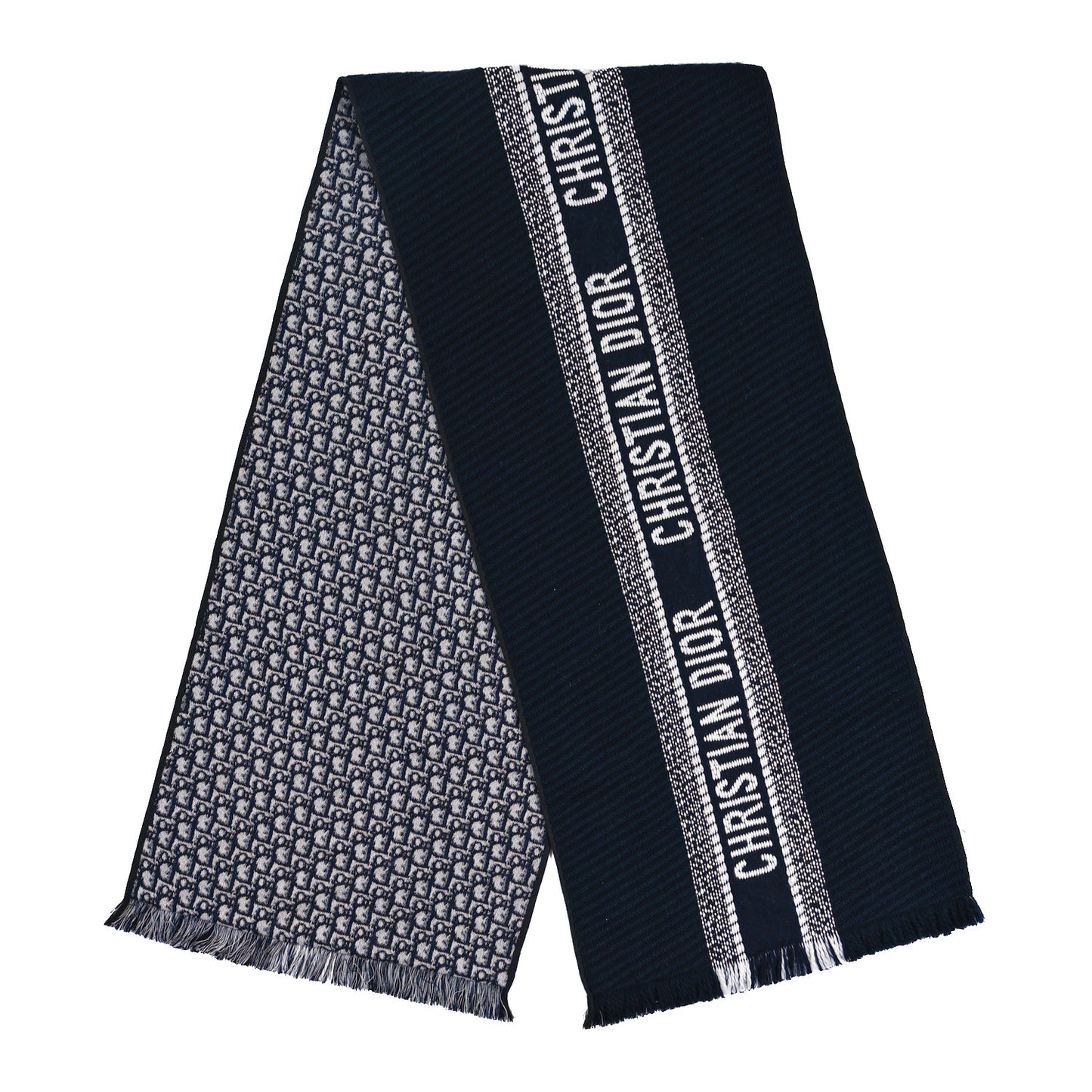 Wool Silk Oblique University Reversible Scarf Navy Blue
