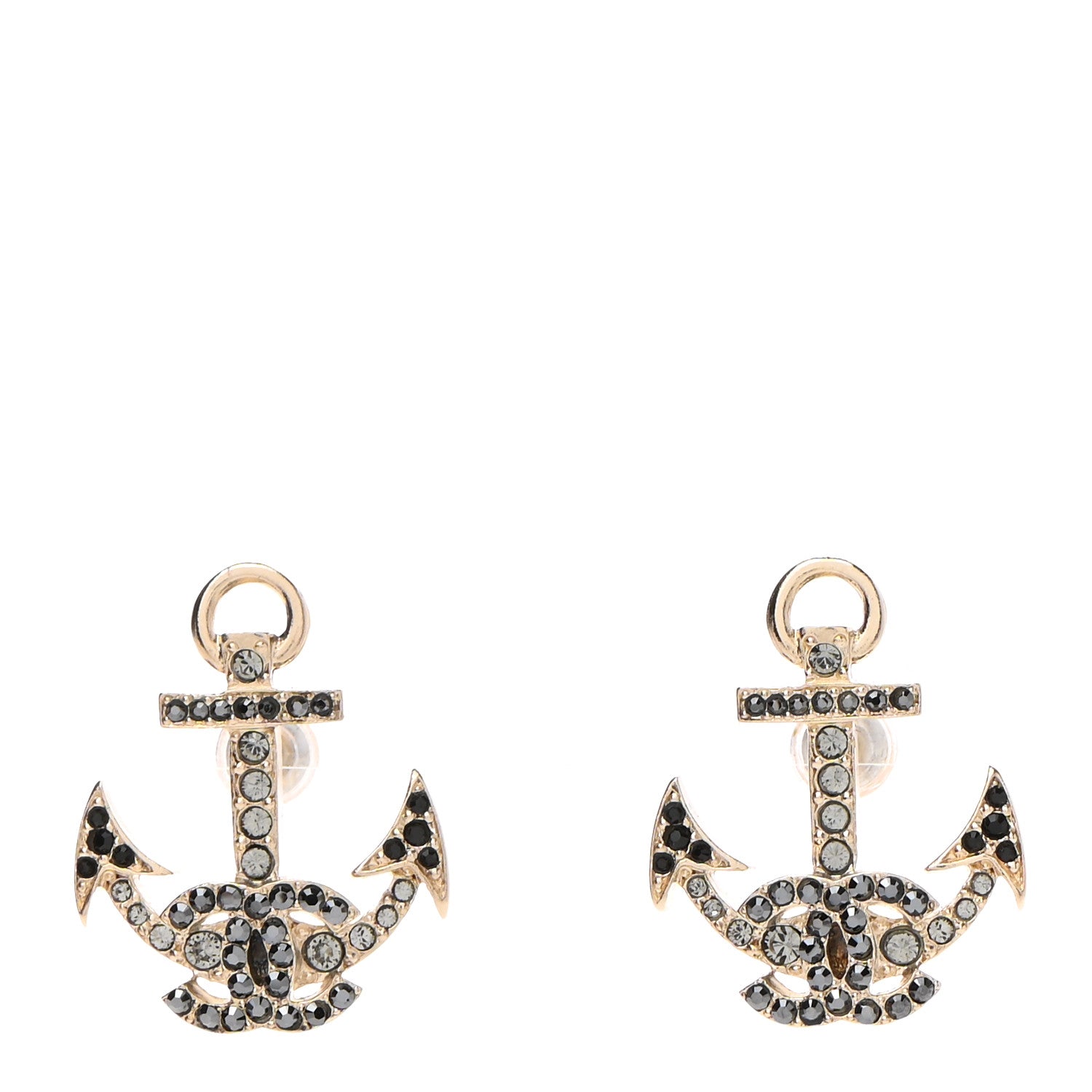 Chanel Crystal CC Anchor Earrings Gold Black 1 of 4