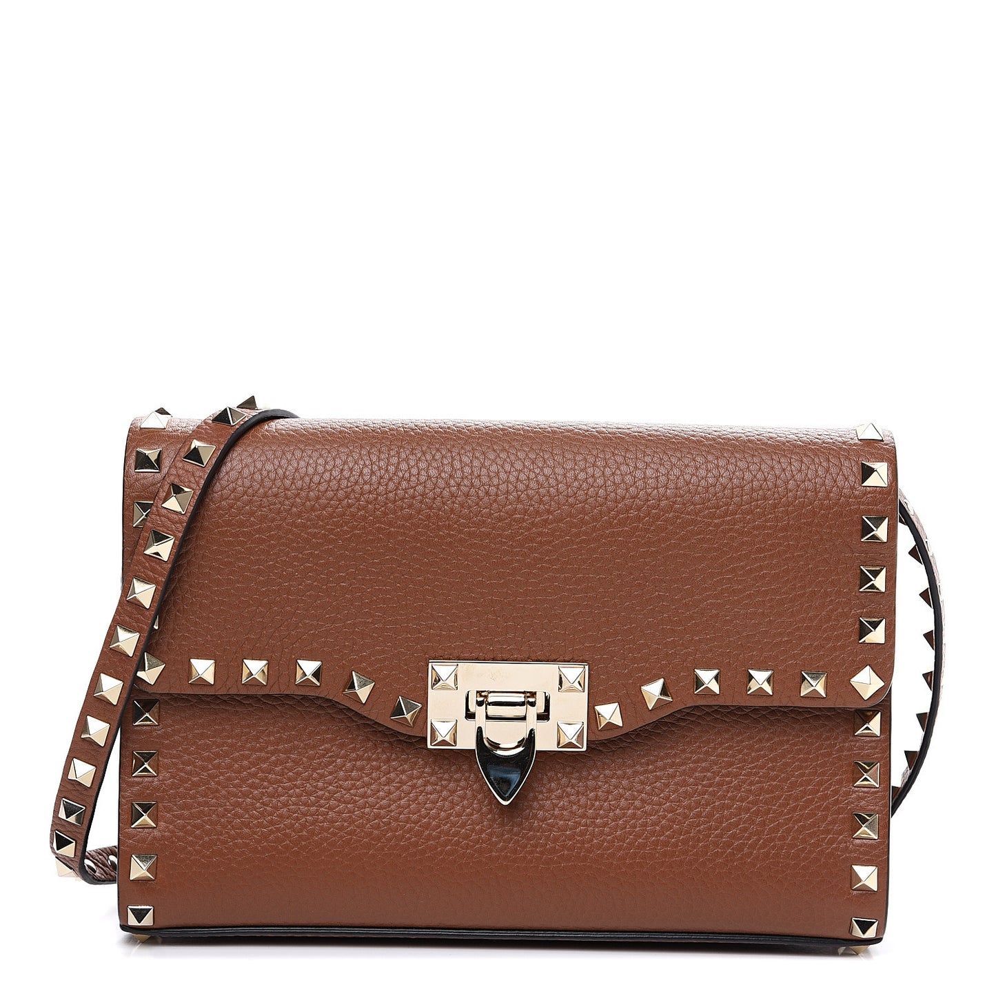 Pebbled Calfskin Medium Rockstud Flip Lock Crossbody Bag Bright Cognac
