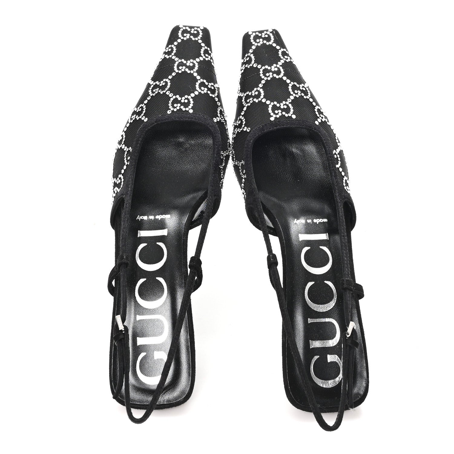 Gucci Tela Retino Kid Scamosciato Crystal GG Monogram Square G 35mm Slingback Pumps 37.5 Black 2 of 9