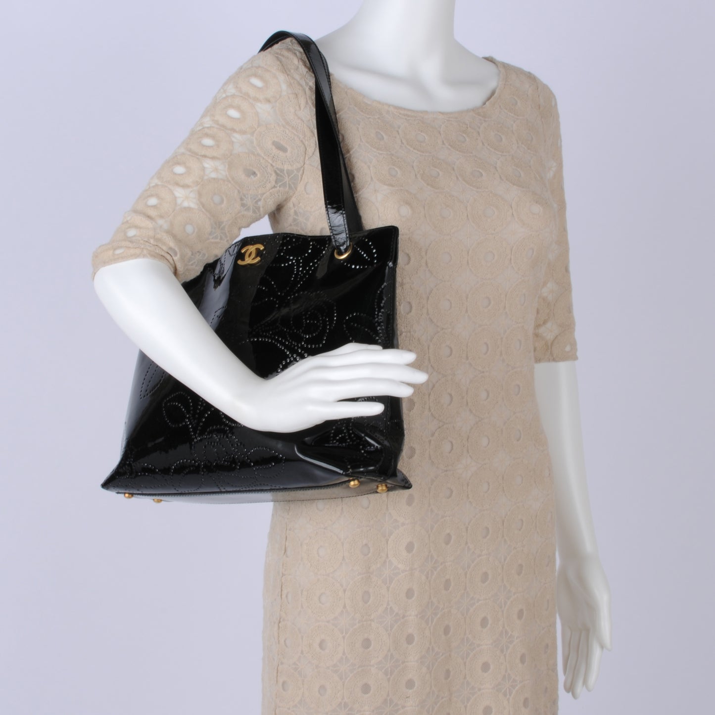 Patent Perforated Camellia Tote Black