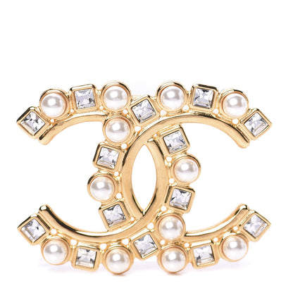 Chanel Pearl Crystal CC Brooch Gold 1 of 5