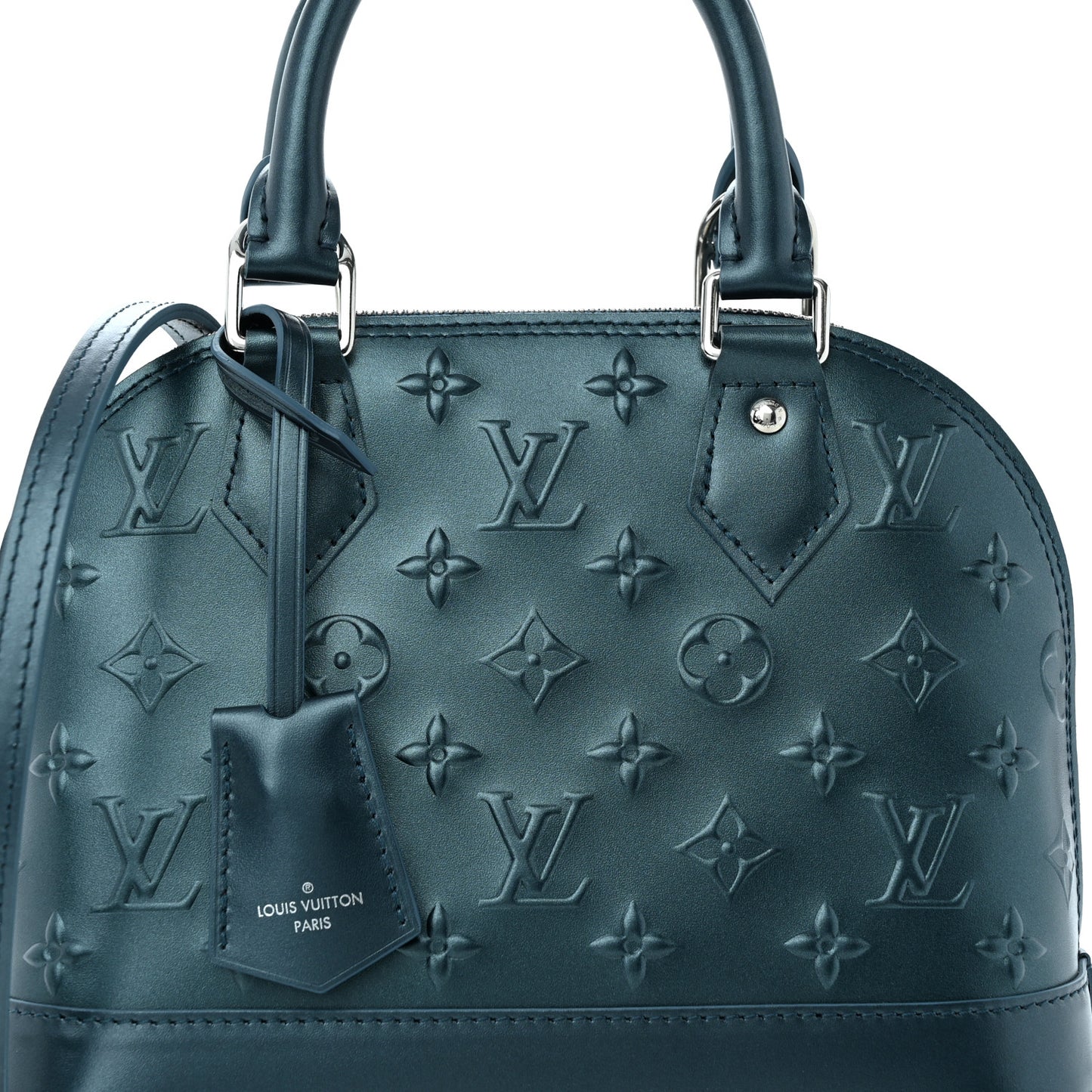 Metallic Calfskin Debossed Monogram Alma BB Steel Blue