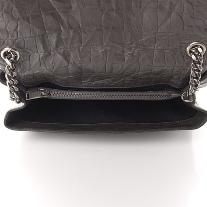 Saint Laurent Calfskin Crocodile Embossed Medium West Hollywood Monogram Fold-Over Dark Brown 4 of 12