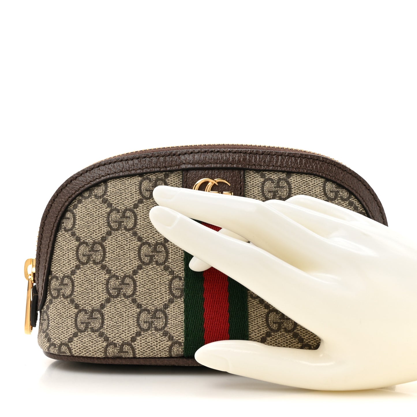 GG Supreme Monogram Textured Calfskin Web Medium Ophidia Cosmetic Case Beige Ebony New Acero