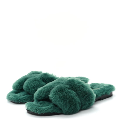 Hermes Woolskin Oran Sandals 37.5 Vert Anglais 4 of 9