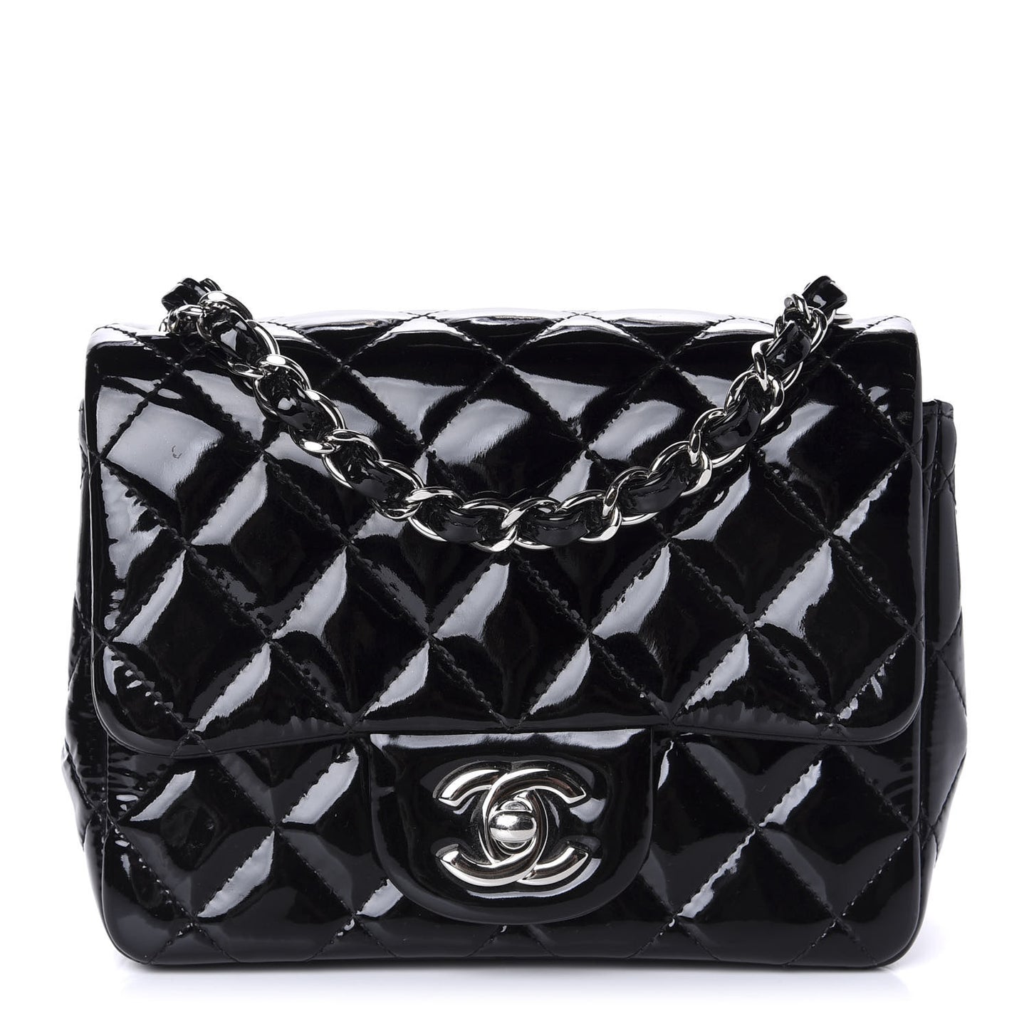 Patent Calfskin Quilted Mini Square Flap Black