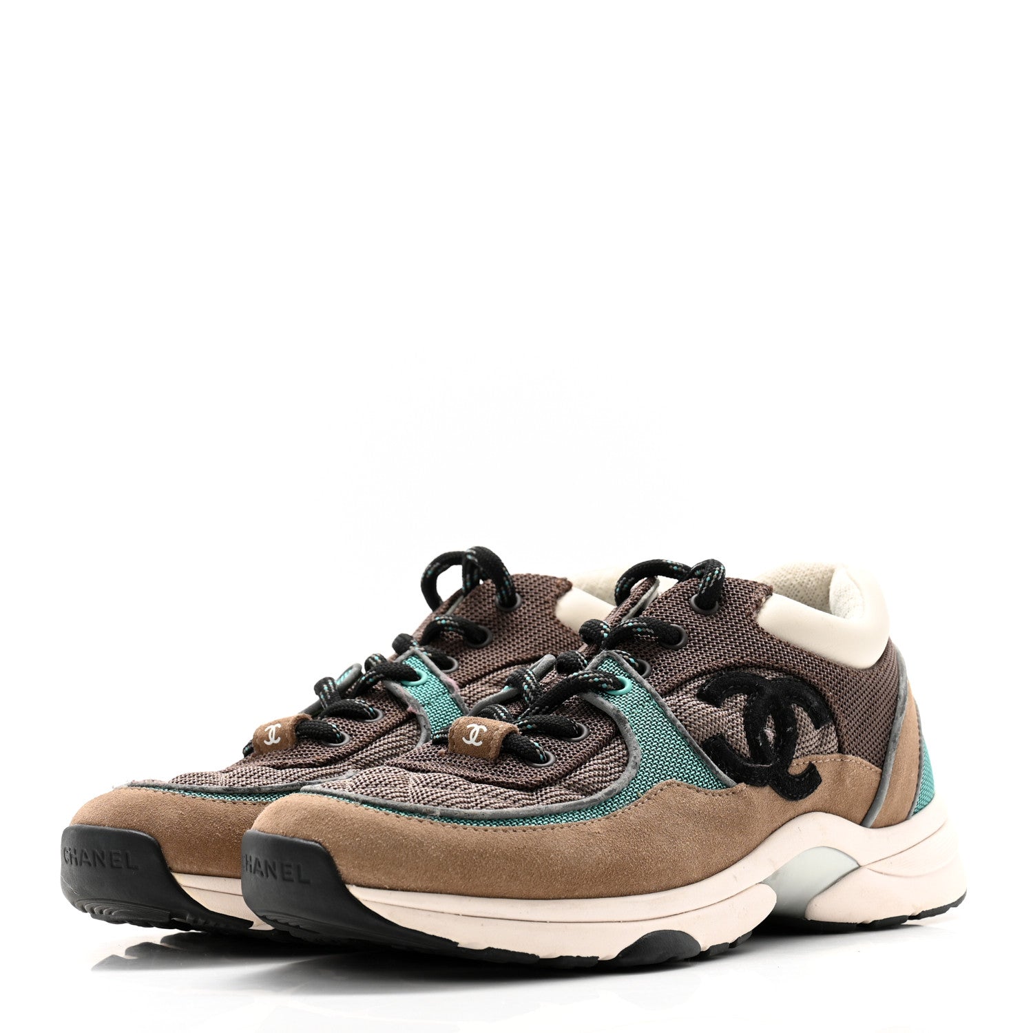 Chanel Nylon Calfskin Suede Womens CC Sneakers 39 Brown Green